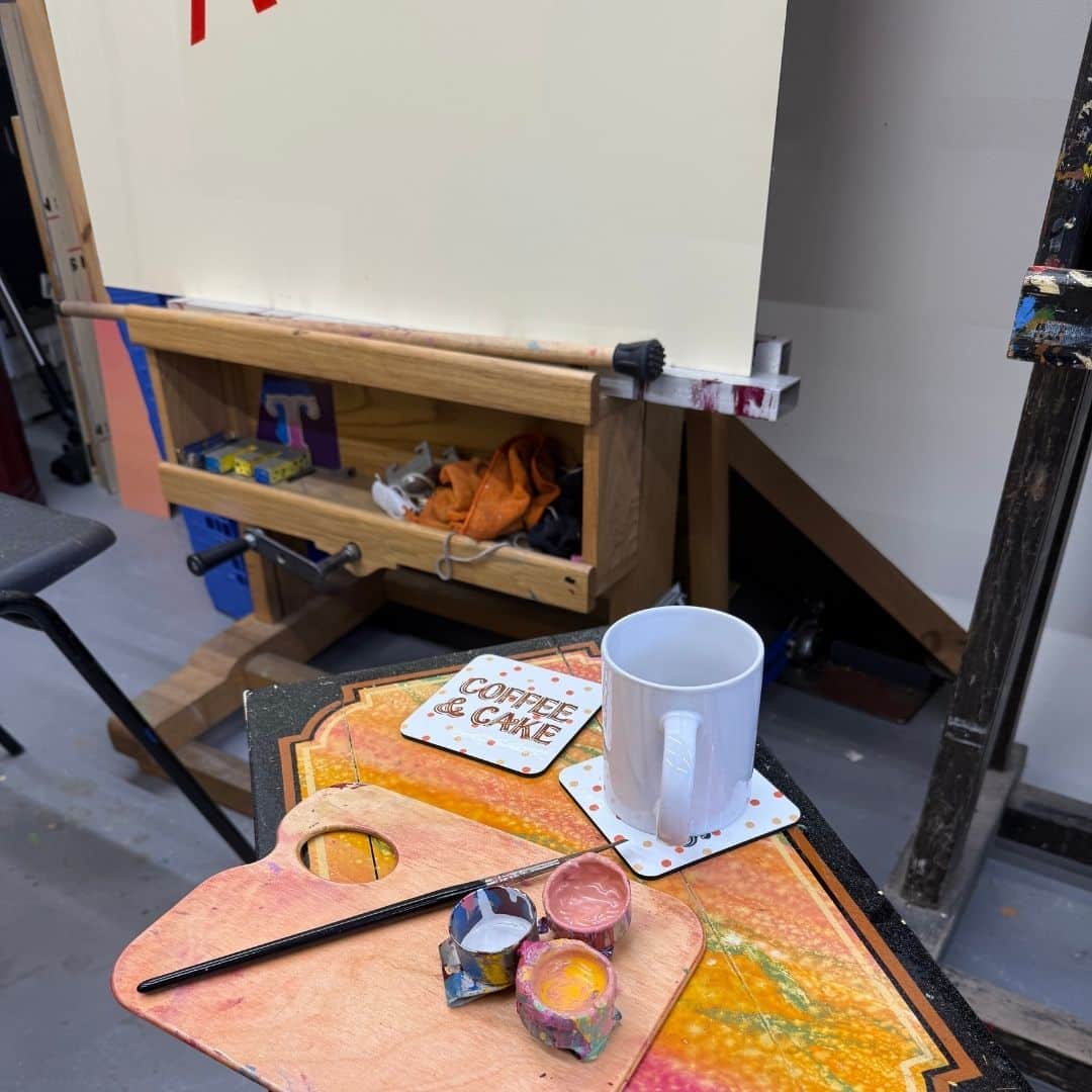 Coffee and Cake Coaster being used in Joby's workshop