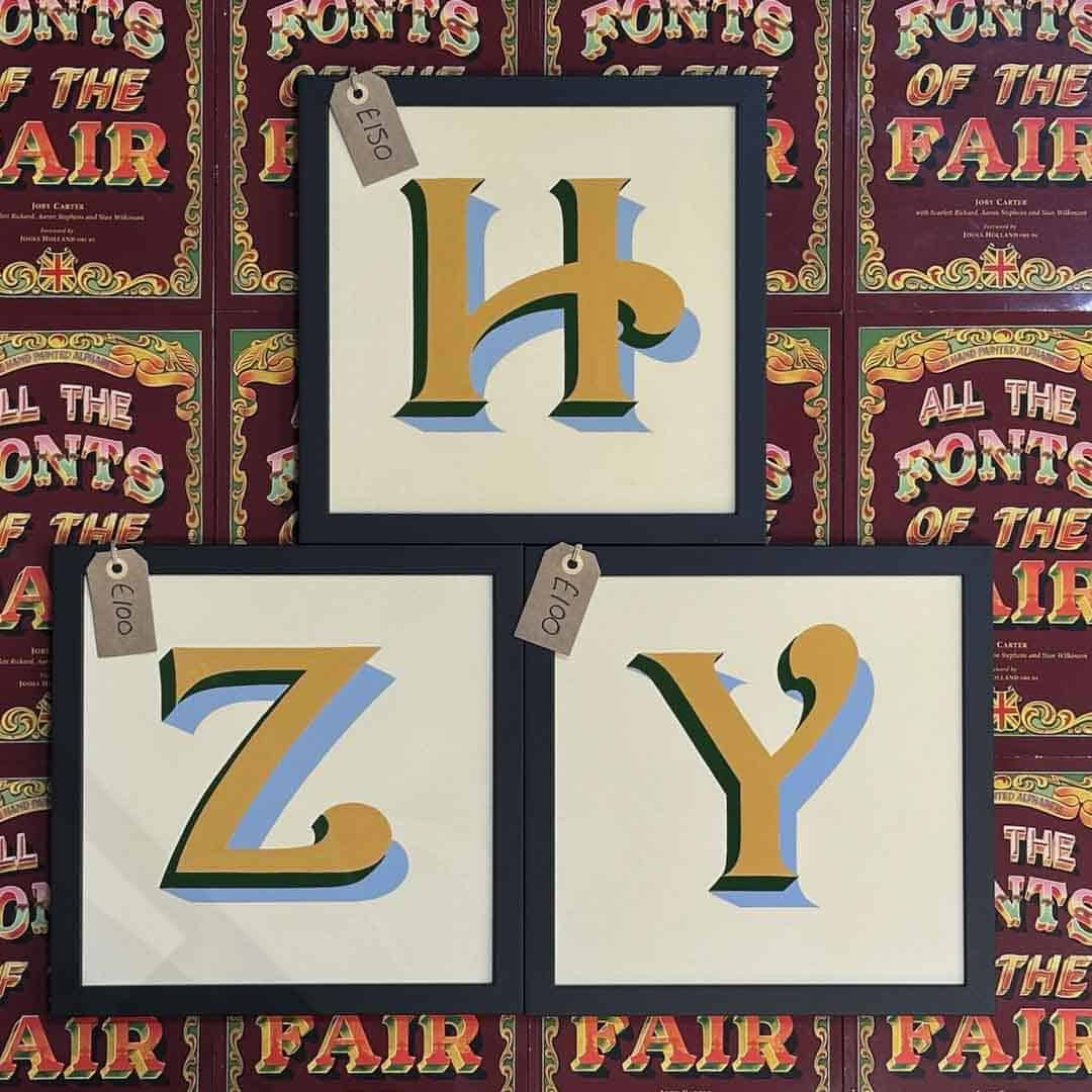 Joby Carter hand painted letters Fairground Nouveau H, Z, Y