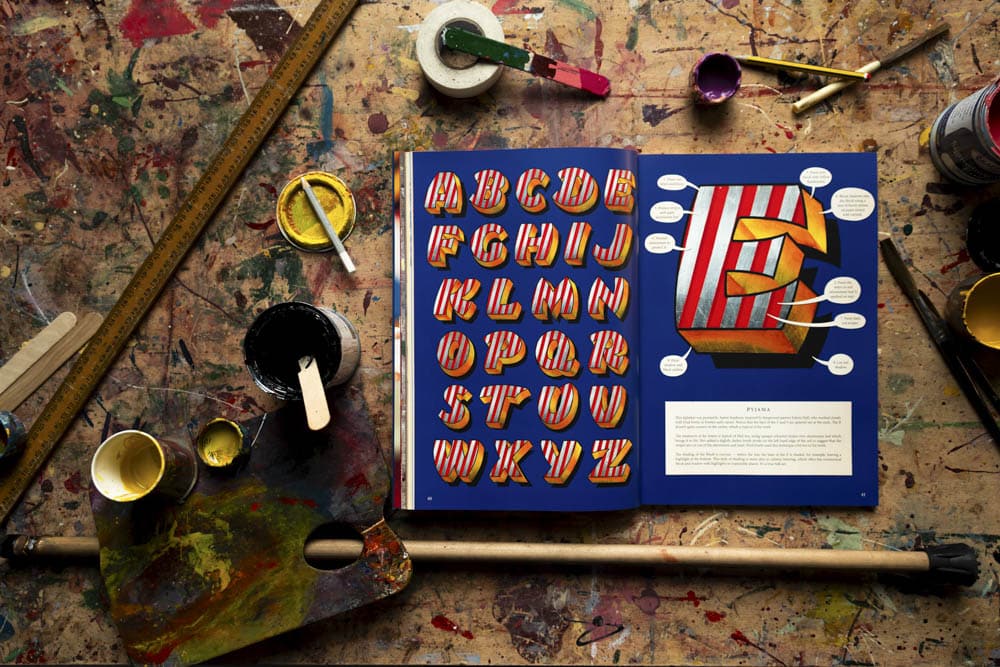Pages from Joby Carters book all the fonts of the fair showing a full colour reference alphabet