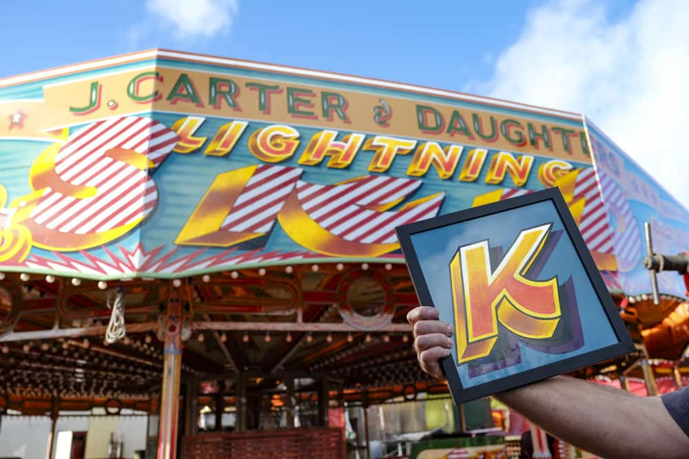 Fred fowle style lettering on the Lightning Skid ride at Carters Steam Fair